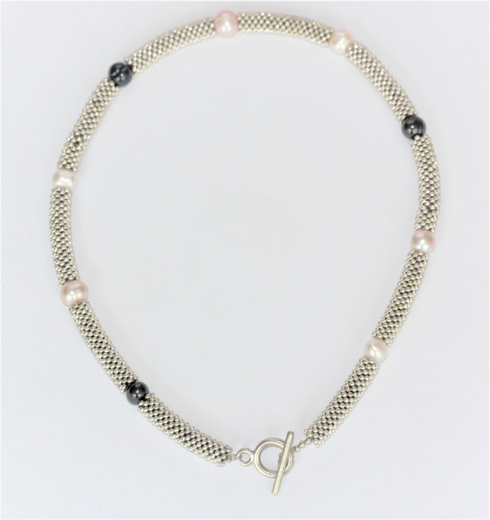 Navy, White and Pink Pearl Snake T-Bar Necklace