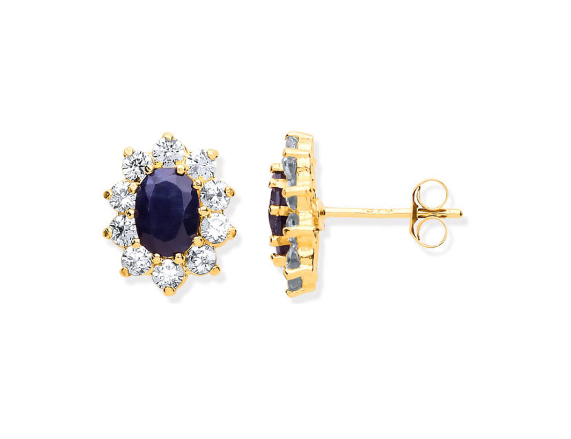 9ct Gold Real Dark Sapphire & Cz Cluster Studs