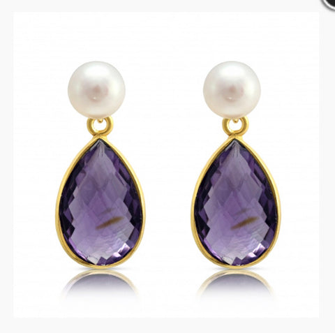 White Pearl Studs with Amethyst Drops