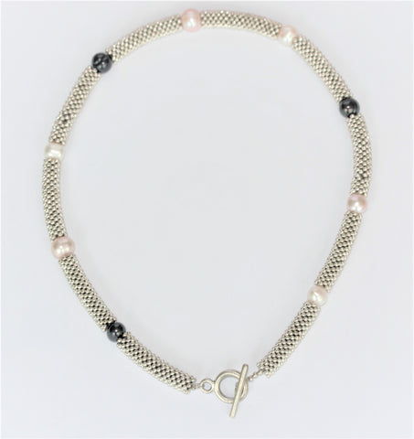 Navy, White and Pink Pearl Snake T-Bar Necklace