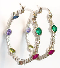 Large Gemstone & "Diamond" Hoop Earrings
