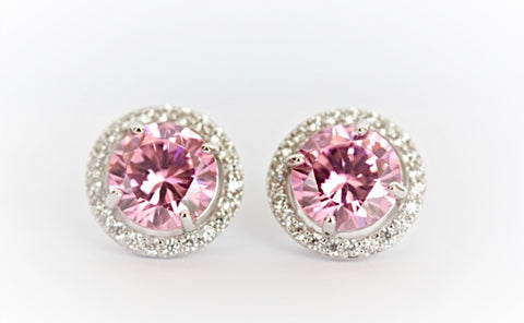 Round Pink "Diamond" Halo Stud Earrings