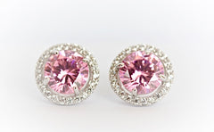 Round Pink "Diamond" Halo Stud Earrings