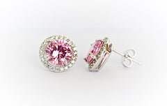 Round Pink "Diamond" Halo Stud Earrings