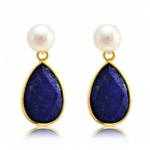 White Button Pearl and Lapis Drop Earrings