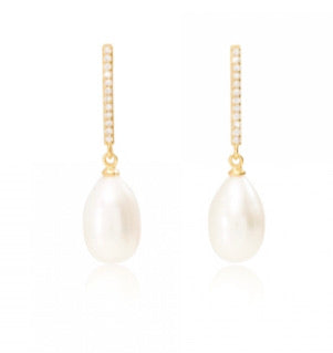 Gold Pave Stem Pearl Drop Earrings