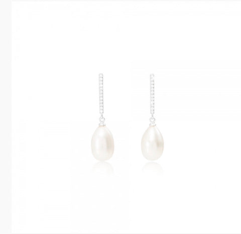 Silver Pave Stem Pearl Drop Earrings