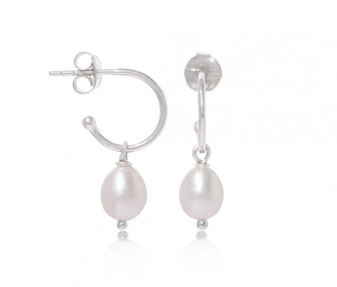 Sterling Silver Hoop & Oval Pearls