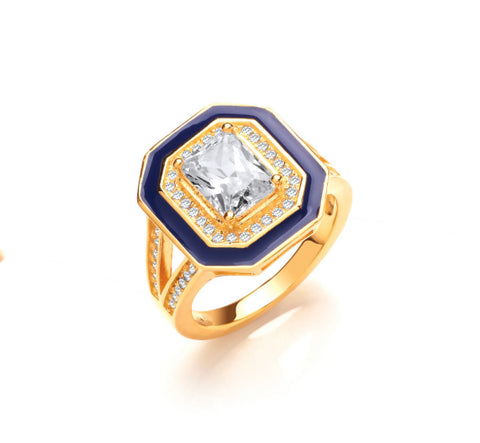 Blue Enamel & “Diamond” Gold Ring