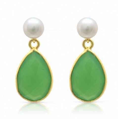 White Button Pearl and Chrysophase Onyx Drop Gold Earrings